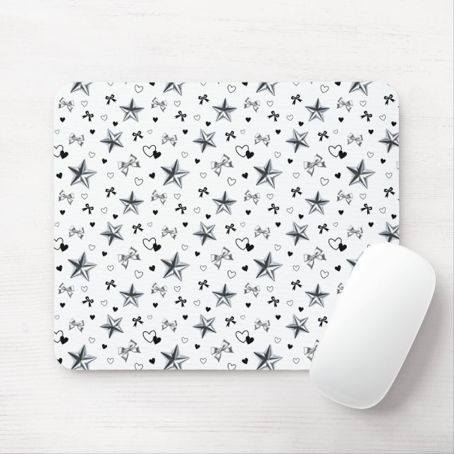 Cyber Balletcore Silver Star Ribbon Pattern White Mouse Pad (With Mouse)