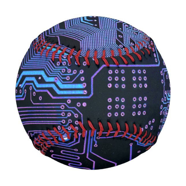 Cyber Blue PCB Circuit Board Trace Pattern Art Baseball (Front)