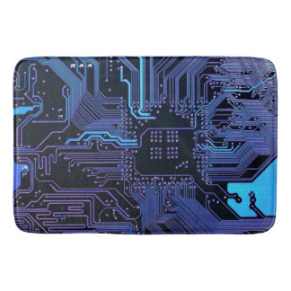 Cyber Blue PCB Circuit Board Trace Pattern Art Bath Mat