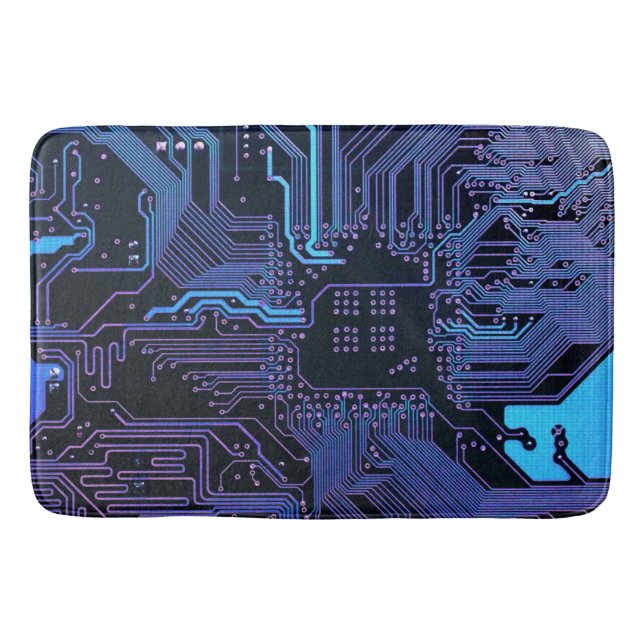 Cyber Blue PCB Circuit Board Trace Pattern Art Bath Mat (Front)