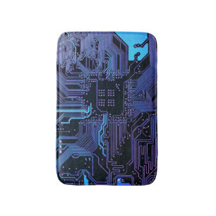 Cyber Blue PCB Circuit Board Trace Pattern Art Bath Mat