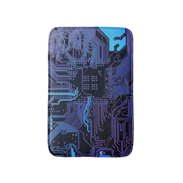 Cyber Blue PCB Circuit Board Trace Pattern Art Bath Mat (Front Vertical)