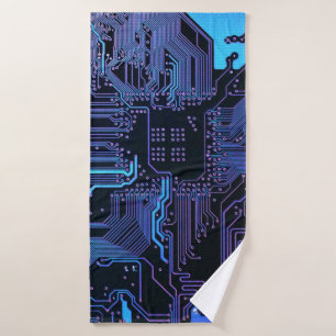 Cyber Blue PCB Circuit Board Trace Pattern Art Bath Towel
