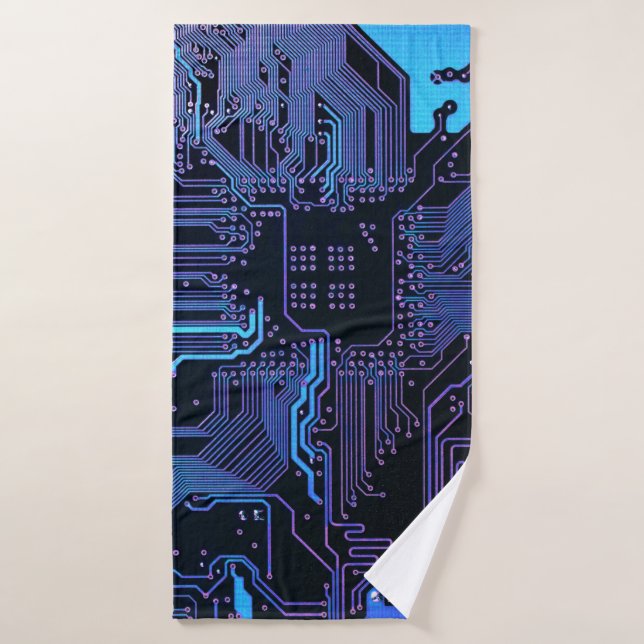 Cyber Blue PCB Circuit Board Trace Pattern Art Bath Towel (Bath Towel)
