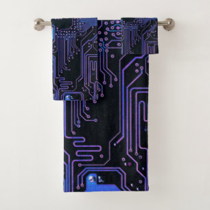 Cyber Blue PCB Circuit Board Trace Pattern Art Bath Towel Set