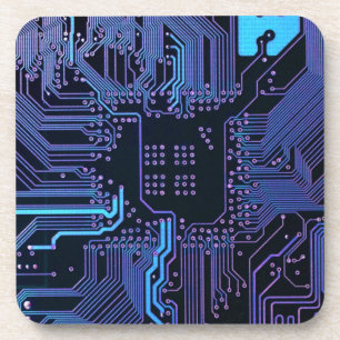 Cyber Blue PCB Circuit Board Trace Pattern Art Beverage Coaster