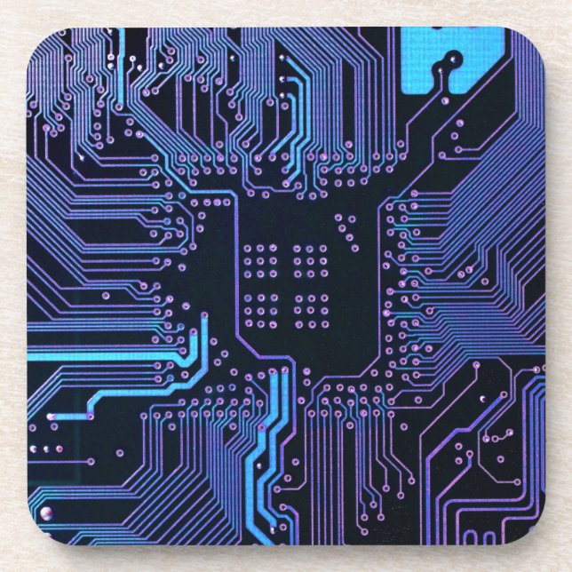 Cyber Blue PCB Circuit Board Trace Pattern Art Beverage Coaster (Front)