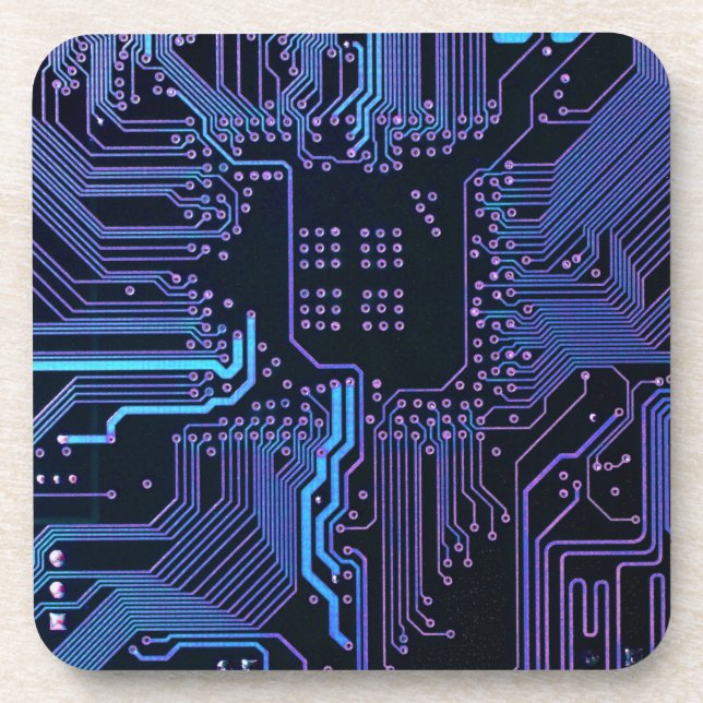 Cyber Blue PCB Circuit Board Trace Pattern Art Beverage Coaster (Front)