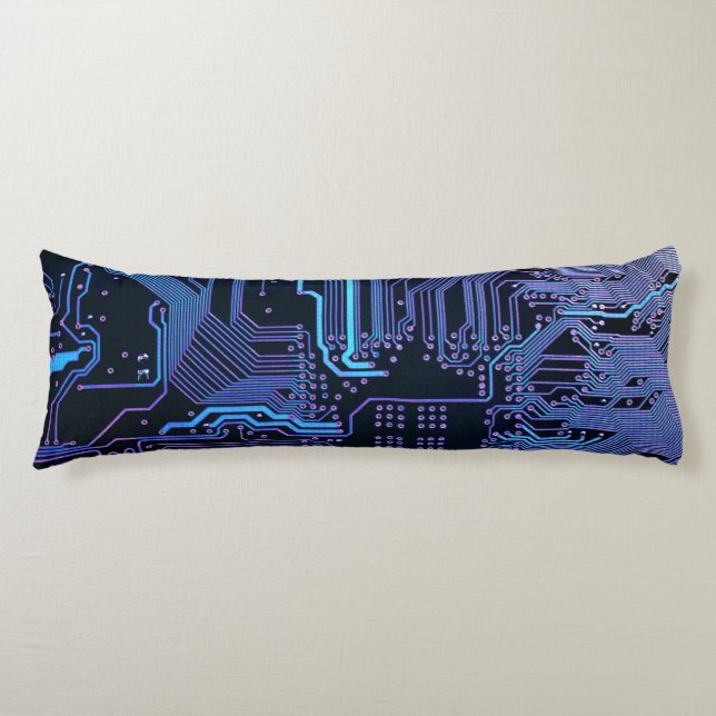 Cyber Blue PCB Circuit Board Trace Pattern Art Body Pillow (Front)