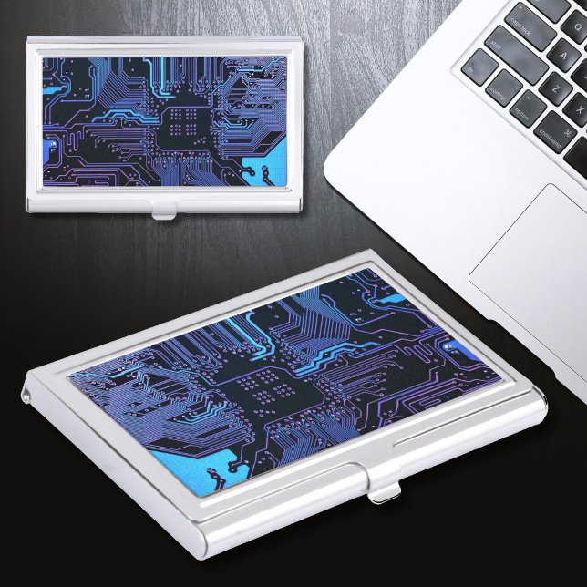 Cyber Blue PCB Circuit Board Trace Pattern Art Business Card Holder (Creator Uploaded)