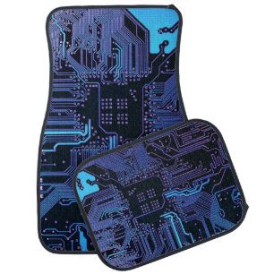 Cyber Blue PCB Circuit Board Trace Pattern Art Car Floor Mat