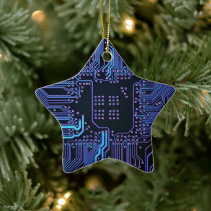 Cyber Blue PCB Circuit Board Trace Pattern Art Ceramic Ornament