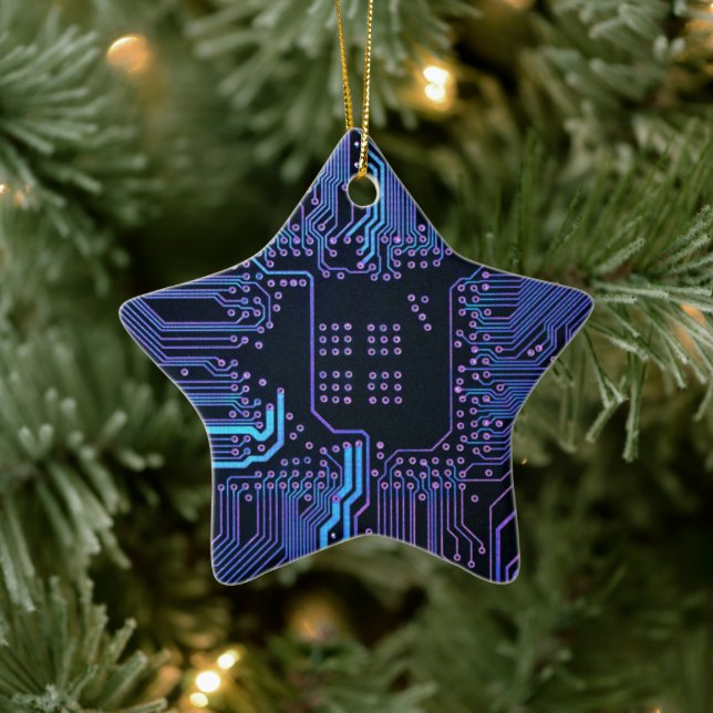 Cyber Blue PCB Circuit Board Trace Pattern Art Ceramic Ornament (Tree)