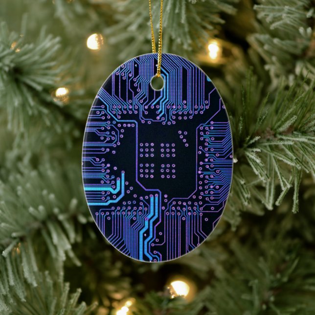 Cyber Blue PCB Circuit Board Trace Pattern Art Ceramic Ornament (Tree)