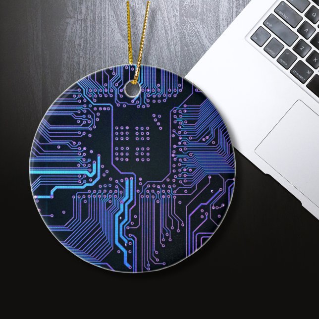 Cyber Blue PCB Circuit Board Trace Pattern Art Ceramic Ornament (Creator Uploaded)