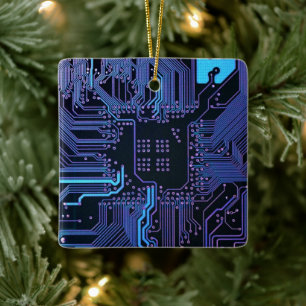 Cyber Blue PCB Circuit Board Trace Pattern Art Ceramic Ornament