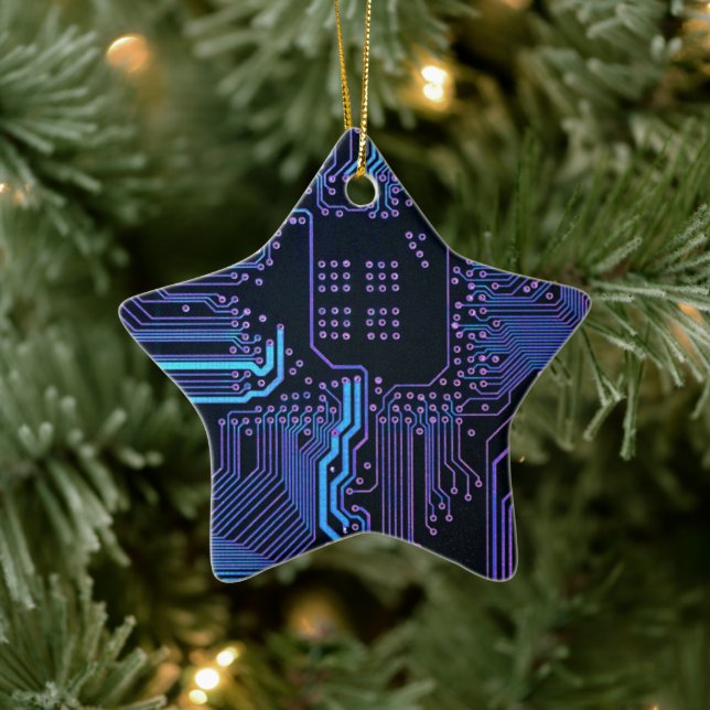 Cyber Blue PCB Circuit Board Trace Pattern Art Ceramic Ornament (Tree)