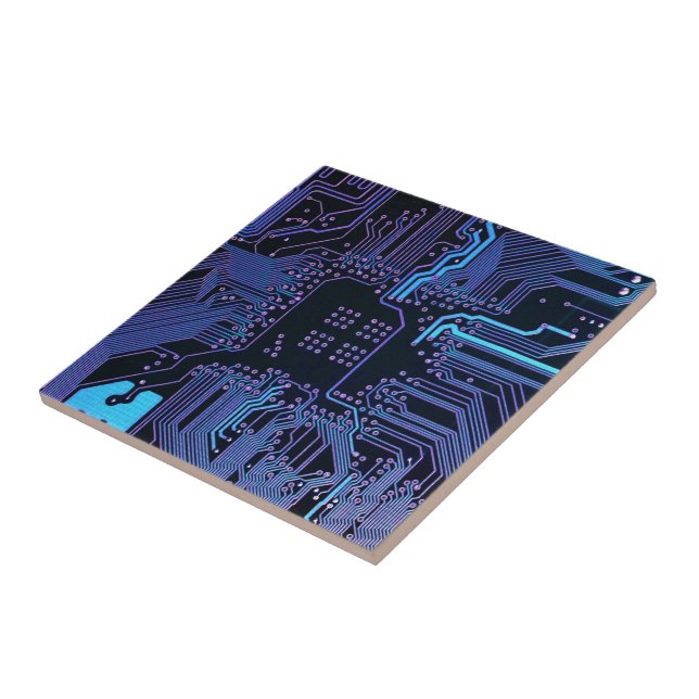 Cyber Blue PCB Circuit Board Trace Pattern Art Ceramic Tile (Side)