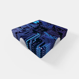 Cyber Blue PCB Circuit Board Trace Pattern Art Coaster Set
