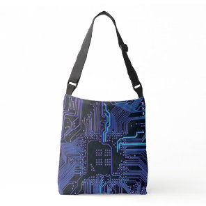 Cyber Blue PCB Circuit Board Trace Pattern Art Crossbody Bag