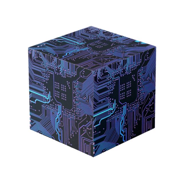 Cyber Blue PCB Circuit Board Trace Pattern Art Cube (Front Angled)