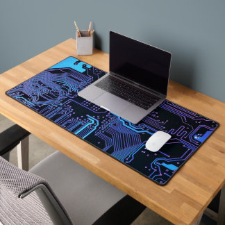 Cyber Blue PCB Circuit Board Trace Pattern Art Desk Mat