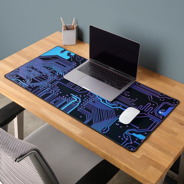 Cyber Blue PCB Circuit Board Trace Pattern Art Desk Mat (Office 2)