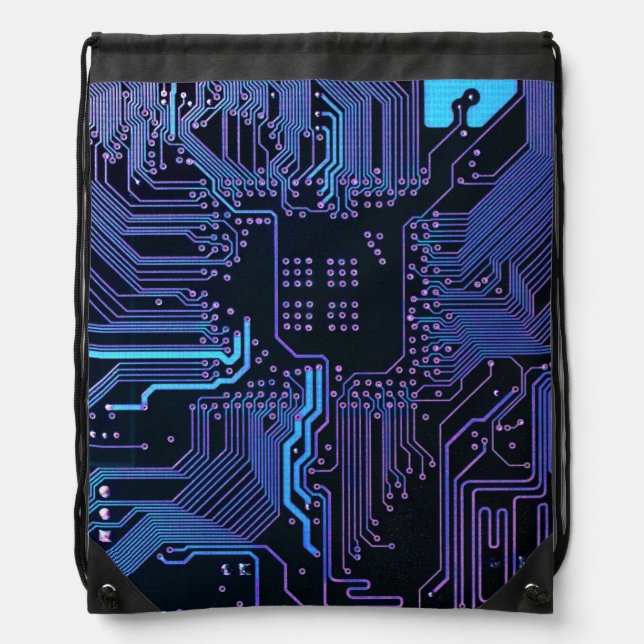 Cyber Blue PCB Circuit Board Trace Pattern Art Drawstring Bag (Front)