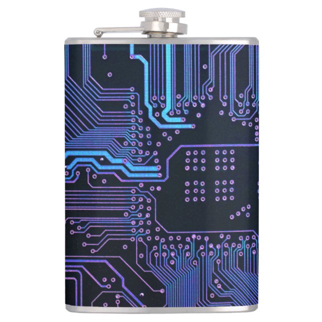 Cyber Blue PCB Circuit Board Trace Pattern Art Flask (Front)