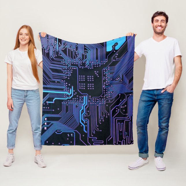 Cyber Blue PCB Circuit Board Trace Pattern Art Fleece Blanket (In Situ)