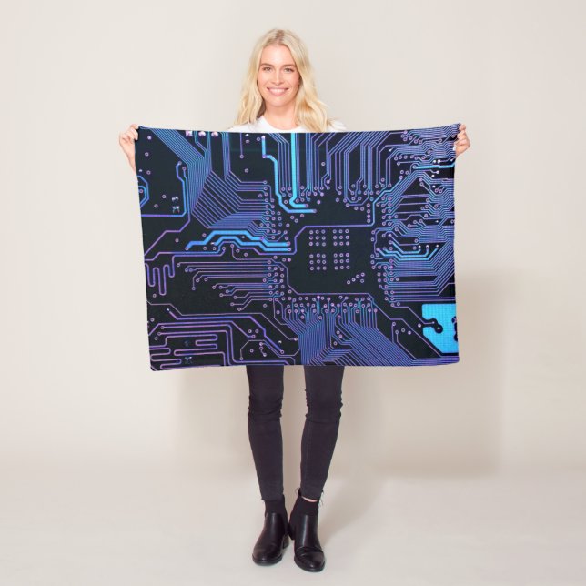 Cyber Blue PCB Circuit Board Trace Pattern Art Fleece Blanket (In Situ)