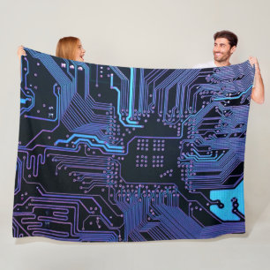 Cyber Blue PCB Circuit Board Trace Pattern Art Fleece Blanket