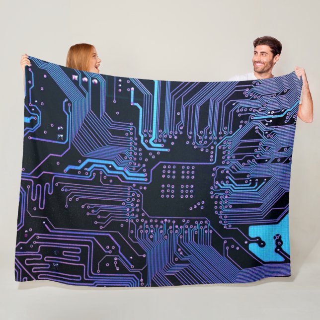 Cyber Blue PCB Circuit Board Trace Pattern Art Fleece Blanket (In Situ)