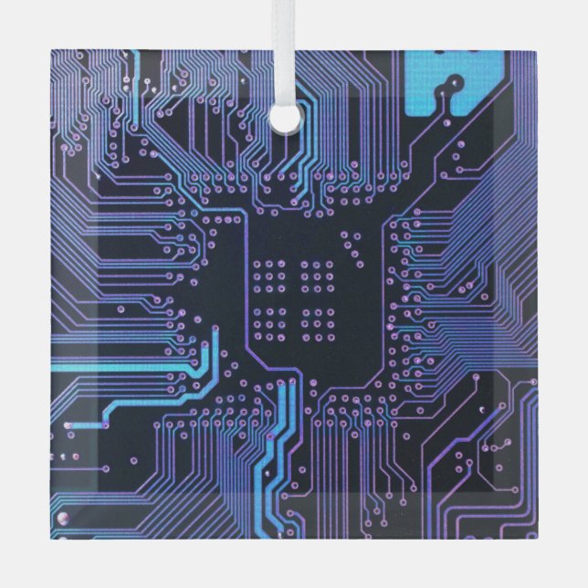 Cyber Blue PCB Circuit Board Trace Pattern Art Glass Ornament (Front)