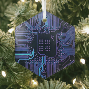 Cyber Blue PCB Circuit Board Trace Pattern Art Glass Ornament