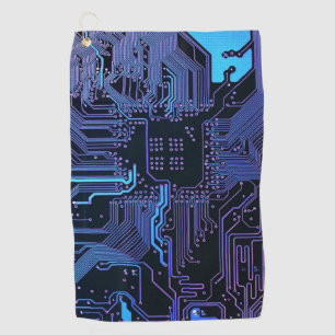 Cyber Blue PCB Circuit Board Trace Pattern Art Golf Towel
