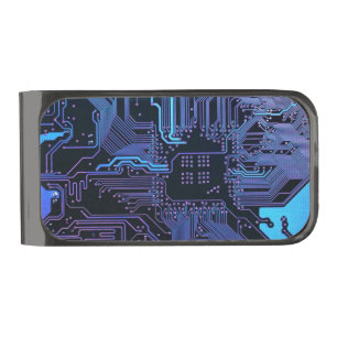 Cyber Blue PCB Circuit Board Trace Pattern Art Gunmetal Finish Money Clip