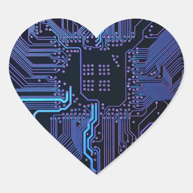 Cyber Blue PCB Circuit Board Trace Pattern Art Heart Sticker (Front)
