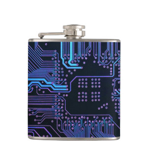 Cyber Blue PCB Circuit Board Trace Pattern Art Hip Flask