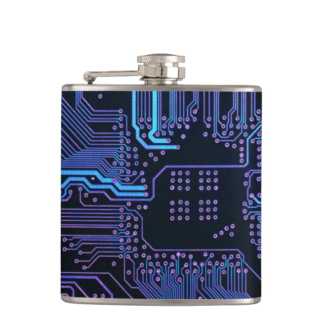 Cyber Blue PCB Circuit Board Trace Pattern Art Hip Flask (Front)