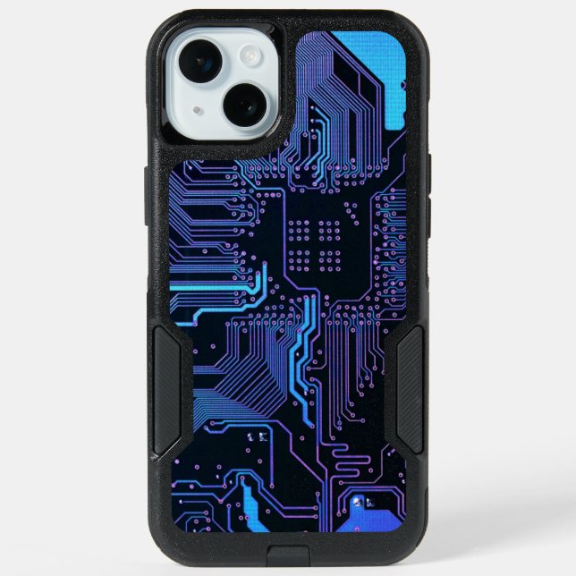 Cyber Blue PCB Circuit Board Trace Pattern Art iPhone 15 Plus Case (Back)