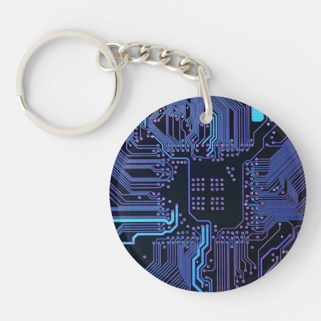Cyber Blue PCB Circuit Board Trace Pattern Art Keychain (Front)