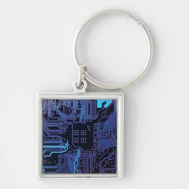Cyber Blue PCB Circuit Board Trace Pattern Art Keychain (Front)