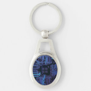Cyber Blue PCB Circuit Board Trace Pattern Art Keychain
