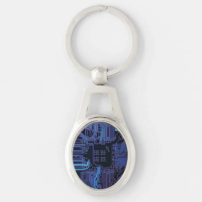 Cyber Blue PCB Circuit Board Trace Pattern Art Keychain (Front)