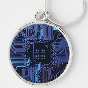 Cyber Blue PCB Circuit Board Trace Pattern Art Keychain