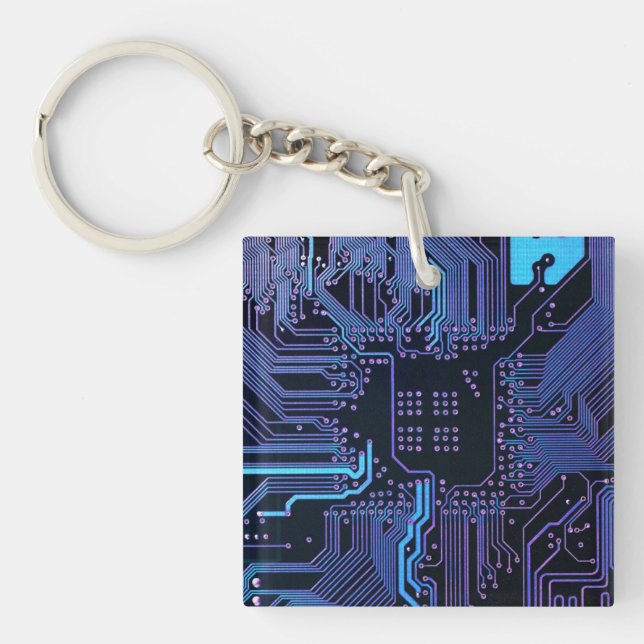 Cyber Blue PCB Circuit Board Trace Pattern Art Keychain (Front)