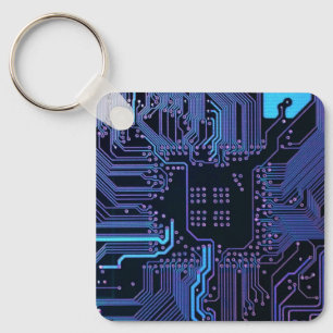 Cyber Blue PCB Circuit Board Trace Pattern Art Keychain