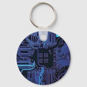 Cyber Blue PCB Circuit Board Trace Pattern Art Keychain