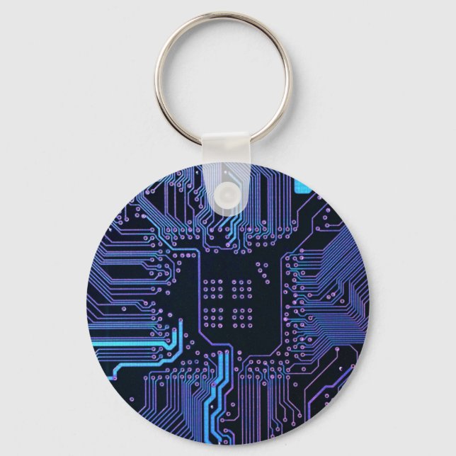 Cyber Blue PCB Circuit Board Trace Pattern Art Keychain (Front)